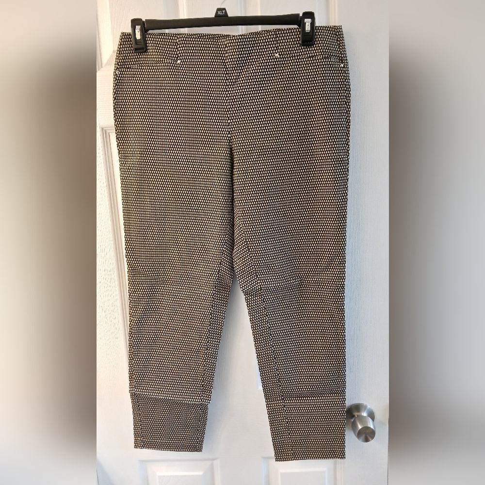 Rafaella Comfort Pull‑On Stretch Pants – Black/Tan Diamond Pattern – Size 16